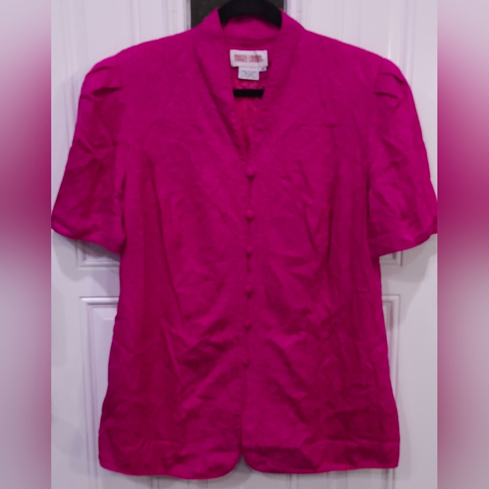 Vintage 80s Maggy London 100% Silk Fusia Pink Paisley Print Blouse Women's  14